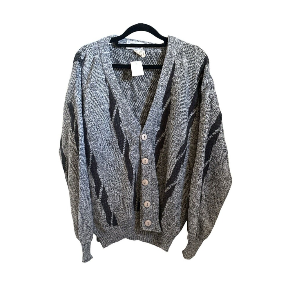 Vintage 90s Black Gray Abstract Pattern Oversized Knit Grandpa Cardigan Sweater